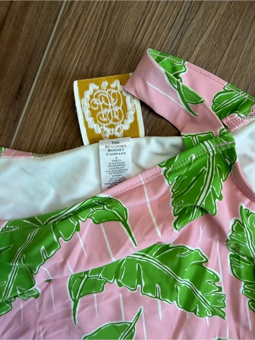 The Beaufort Bonnet Company | Pink with Green Leaf Print Ruffle swimsuit